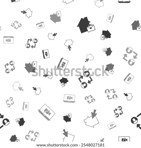 Set Online working, , Project team base and Video camera Off on laptop on seamless pattern. Vector