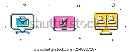 Set Online working, Mute microphone on laptop and Video chat conference icon. Vector