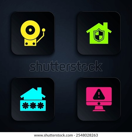 Set Monitor with exclamation mark, Ringing alarm bell, House password and under protection. Black square button. Vector