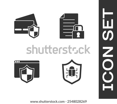 Set System bug, Credit card with shield, Browser and Document and lock icon. Vector