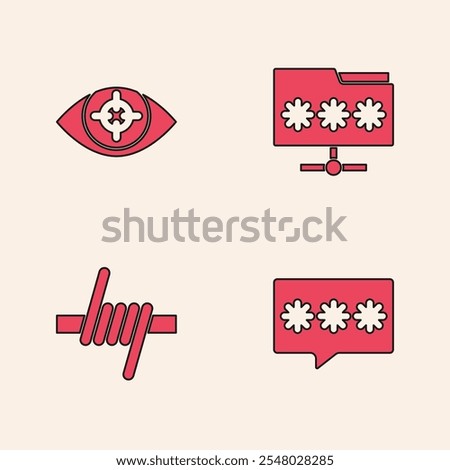 Set Password protection, Eye scan, Folder with password and Barbed wire icon. Vector