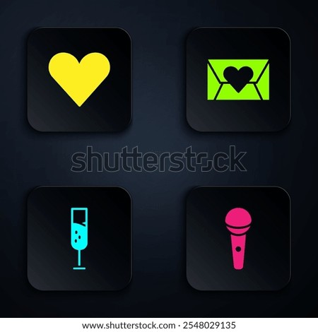 Set Microphone, Heart, Glass of champagne and Envelope with Valentine heart. Black square button. Vector