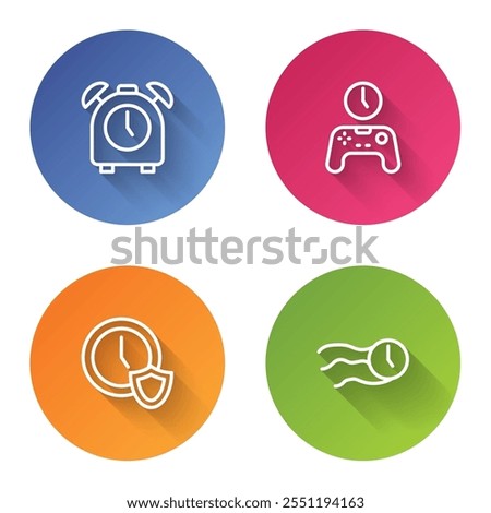 Set line Alarm clock, Gamepad of time, Clock with shield and Time flies on the. Color circle button. Vector