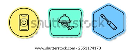 Set line Turn off robot from phone, Waiter and Screwdriver. Colored shapes. Vector