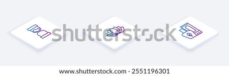 Set Isometric line Old hourglass, Lotus flower and Ointment cream tube. White square button. Vector