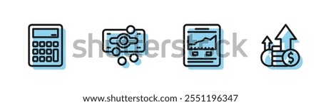 Set line Website with growth graph, Calculator, Stacks paper money cash and Financial and coin icon. Vector