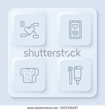 Set line Attention to health heart, Medical clipboard, Bread toast and Toothbrush and toothpaste. White square button. Vector