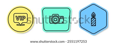 Set line Location Vip, Photo camera and Birthday cake candles. Colored shapes. Vector