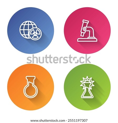 Set line Planet earth and radiation, Microscope, Test tube flask and . Color circle button. Vector