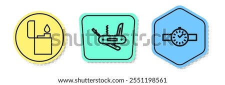 Set line Lighter, Swiss army knife and Wrist watch. Colored shapes. Vector