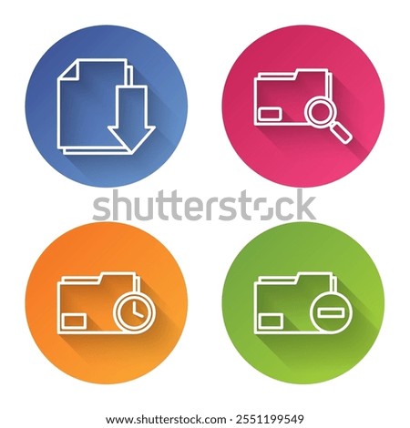 Set line Document with download, Search concept with folder, Document folder with clock and Document folder with minus. Color circle button. Vector