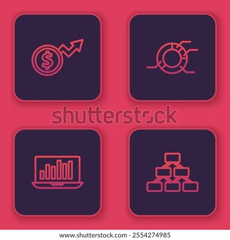 Set line Financial growth dollar, Laptop with graph chart, Pie infographic and Hierarchy organogram. Blue square button. Vector