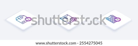 Set Isometric line Cardboard box with clock, Delete envelope and calendar. White square button. Vector