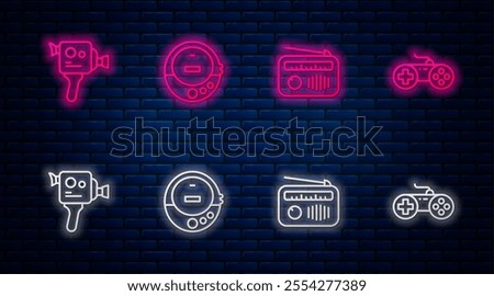 Set line Music CD player, Radio with antenna, Retro cinema camera and Gamepad. Glowing neon icon on brick wall. Vector