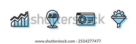 Set line Browser setting, Financial growth increase, Advertising and Sales funnel with gear icon. Vector