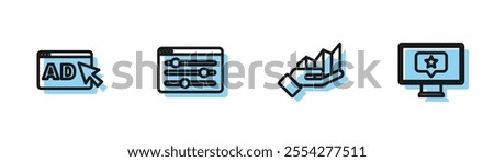 Set line Pie chart infographic, Advertising, Browser setting and Monitor with star icon. Vector