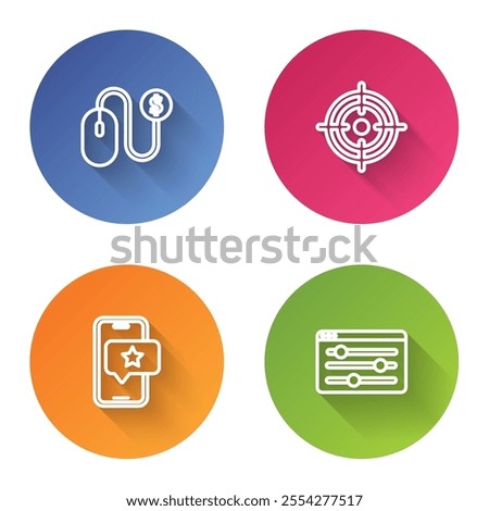 Set line Advertising, Target, Mobile with review rating and Browser setting. Color circle button. Vector