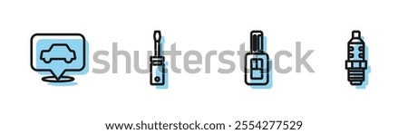 Set line Car key with remote, service, Screwdriver and spark plug icon. Vector