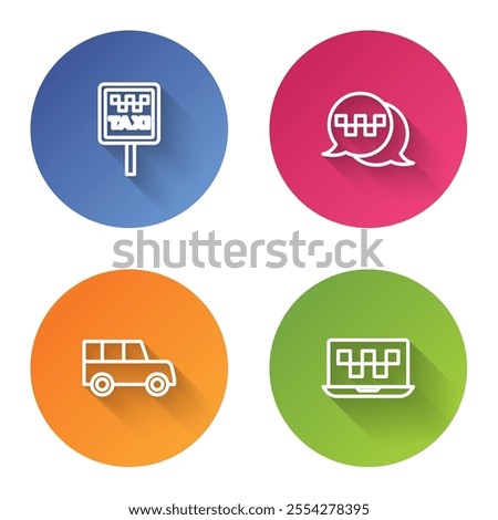 Set line Road sign for a taxi stand, Taxi call telephone service, Car and Laptop. Color circle button. Vector