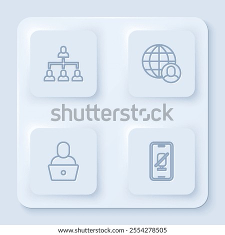 Set line Hierarchy organogram chart, Freelancer,  and Mute microphone on mobile. White square button. Vector