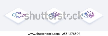 Set Isometric line Online working, Video camera Off on laptop and . White square button. Vector