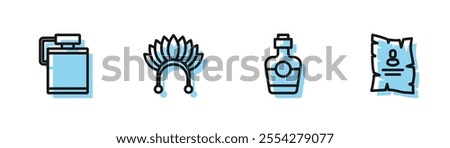 Set line Tequila bottle, Canteen water, Indian headdress with feathers and Wanted western poster icon. Vector