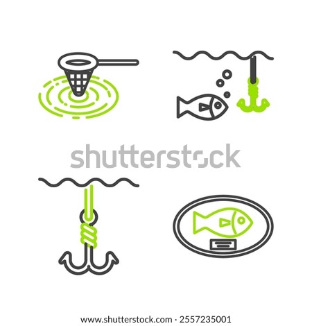 Set line Fish trophy hanging on the board, Fishing hook under water, with fish and net icon. Vector