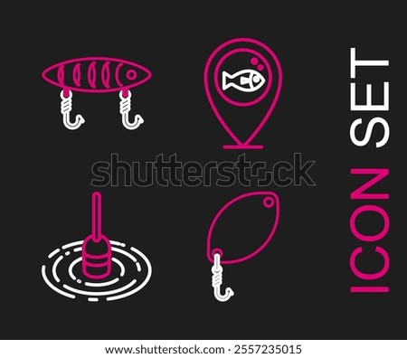 Set line Fishing spoon, float water, Location fishing and lure icon. Vector