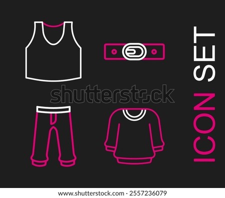 Set line Sweater, Pants, Belt and Undershirt icon. Vector