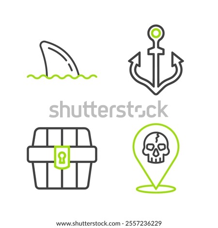 Set line Location pirate, Antique treasure chest, Anchor and Shark fin in ocean wave icon. Vector