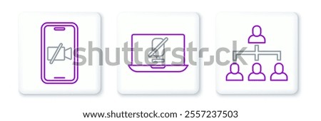 Set line Hierarchy organogram chart, Video camera Off on mobile and Mute microphone laptop icon. Vector