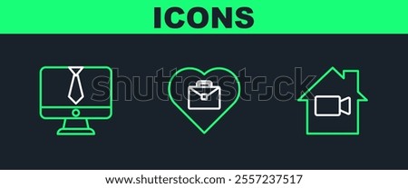 Set line Video camera Off in home, chat conference and Heart with text work icon. Vector