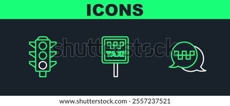 Set line Taxi call telephone service, Traffic light and Road sign for taxi stand icon. Vector