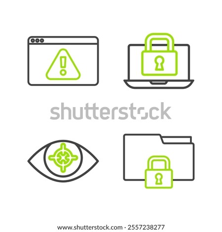 Set line Folder and lock, Eye scan, Laptop and Browser with exclamation mark icon. Vector