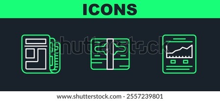 Set line Website with growth graph, Stock market news and Stacks paper money cash icon. Vector