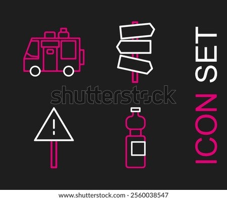 Set line Bottle of water, Exclamation mark in triangle, Road traffic signpost and Rv Camping trailer icon. Vector