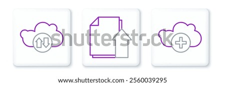 Set line Add cloud, Cloud download and upload and Upload file document icon. Vector