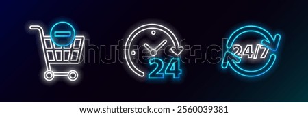 Set line Clock 24 hours, Remove shopping cart and  icon. Glowing neon. Vector