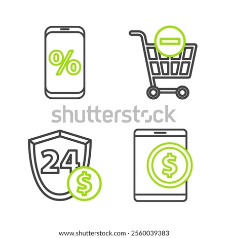 Set line Tablet with dollar, Shield, Remove shopping cart and Percent discount and mobile icon. Vector