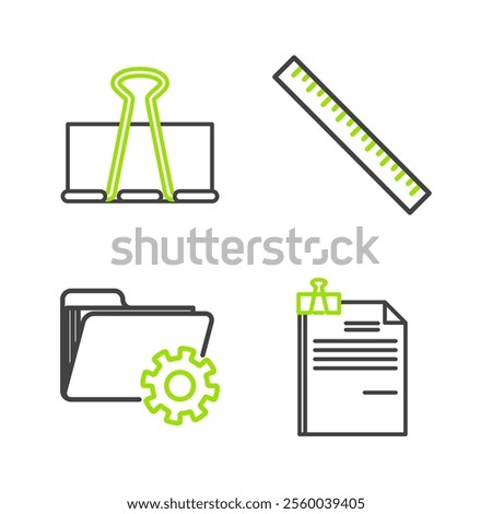 Set line File document and binder clip, Folder settings with gears, Ruler and Binder icon. Vector