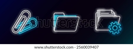 Set line Folder settings with gears, Paper clip and Document folder icon. Glowing neon. Vector