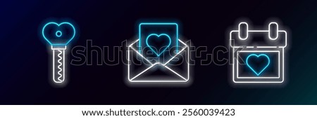 Set line Calendar with heart, Key in shape and Envelope icon. Glowing neon. Vector