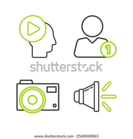 Set line Speaker volume, Photo camera, Add friend and Head people with play button icon. Vector