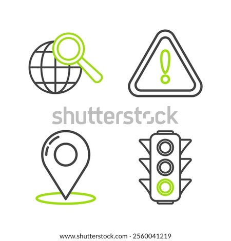 Set line Traffic light, Map pin, Exclamation mark triangle and Magnifying glass with globe icon. Vector