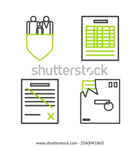 Set line Ordered envelope, Delete file document, Report and Family insurance with shield icon. Vector