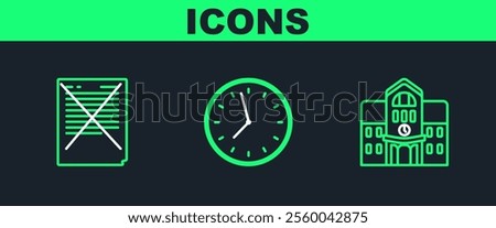 Set line School building, Exam paper with incorrect answers survey and Clock icon. Vector