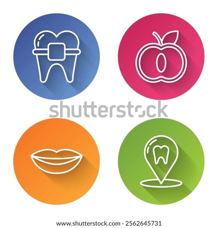 Set line Teeth with braces, Apple, Smiling lips and Dental clinic location. Color circle button. Vector