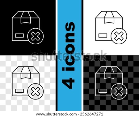 Set line Carton cardboard box and delete icon isolated on black and white, transparent background. Box, package, parcel sign. Delivery and packaging.  Vector