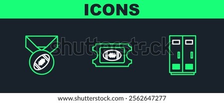 Set line Locker or changing room for football, basketball team or workers, American Football with medal and ticket icon. Vector