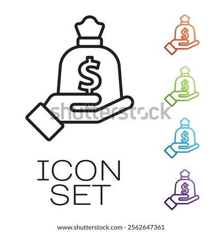 Black line Hand holding money bag icon isolated on white background. Dollar or USD symbol. Cash Banking currency sign. Set icons colorful. Vector